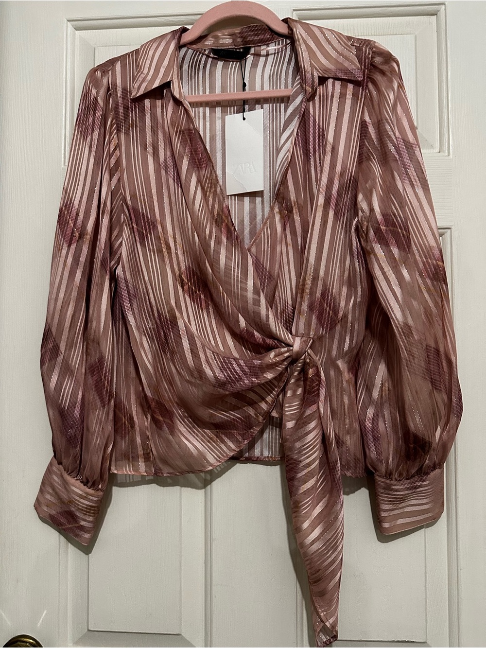 ZARA Mauve Pink Striped Wrap Tie Blouse